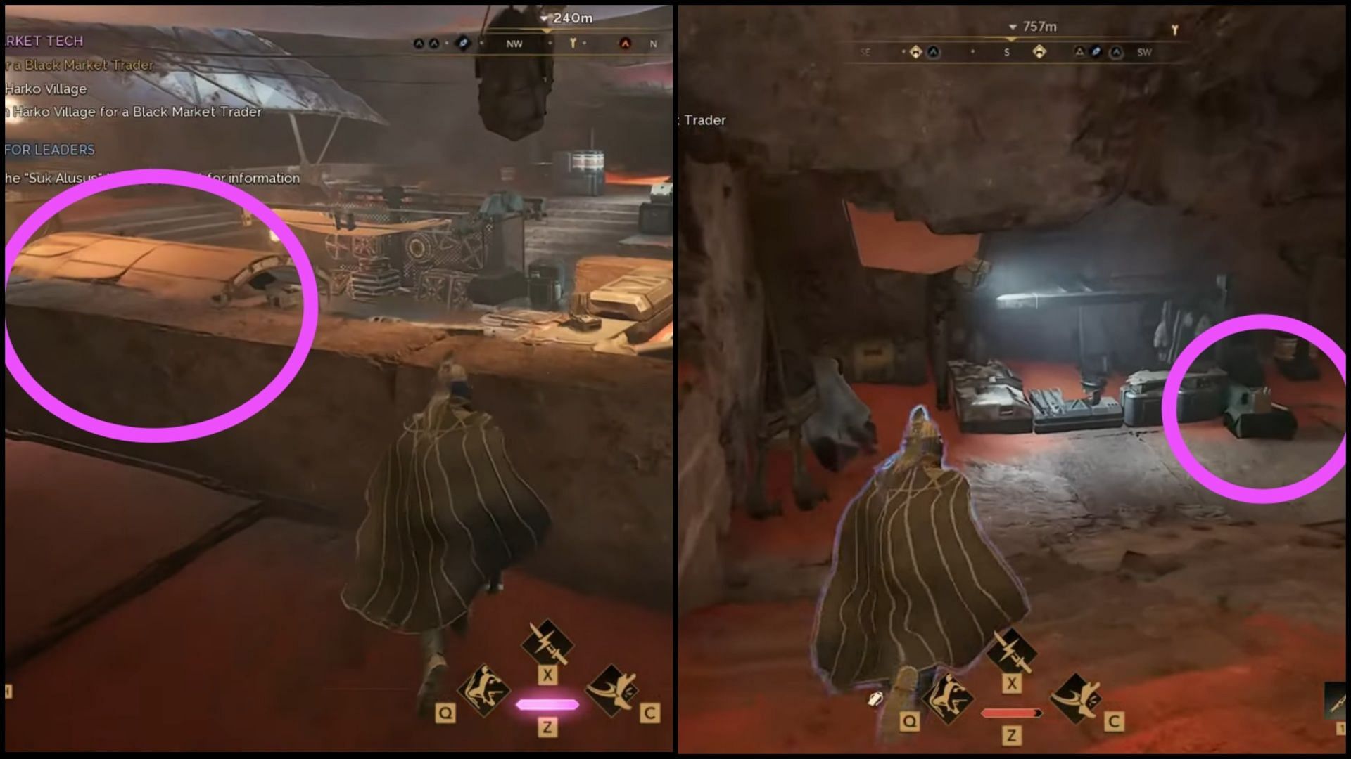 The circled areas both have the scrolls you need to interact with (Image via Funcom/YouTube@LoganZ)